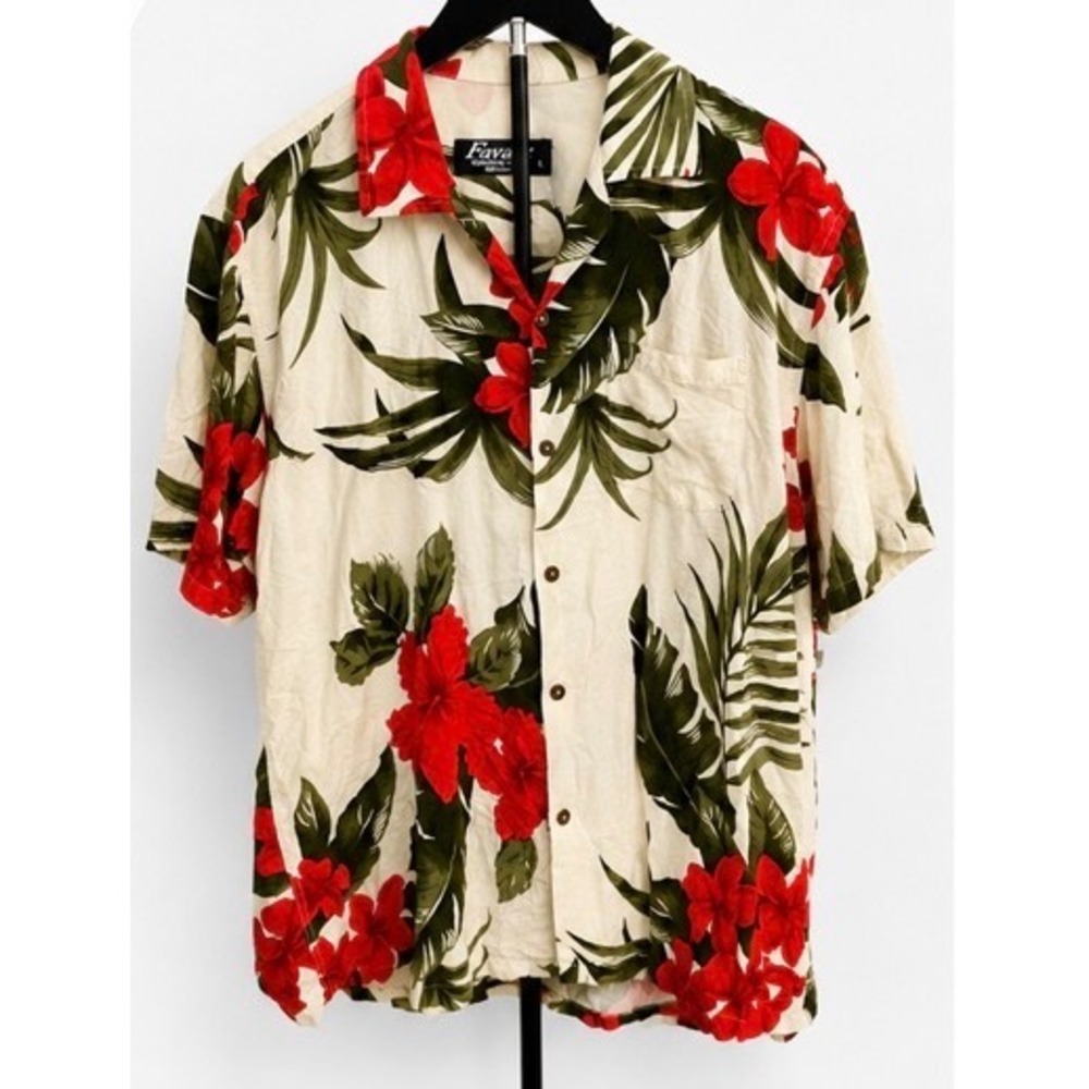 Favant Hawaiian Shirt Mens Large Rayon Floral Hibiscus Palm Tropical Aloha Cream